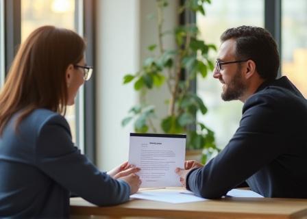 Two professionals discussing a document in a bright room