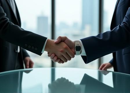 A handshake in a high-rise office