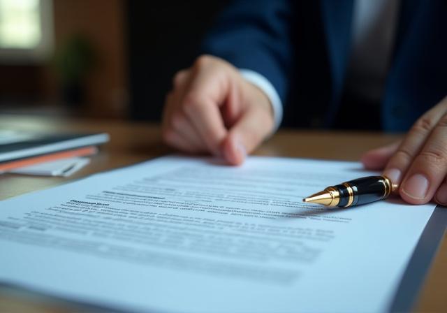 A legal professional reviewing a complex business contract with a gold fountain pen