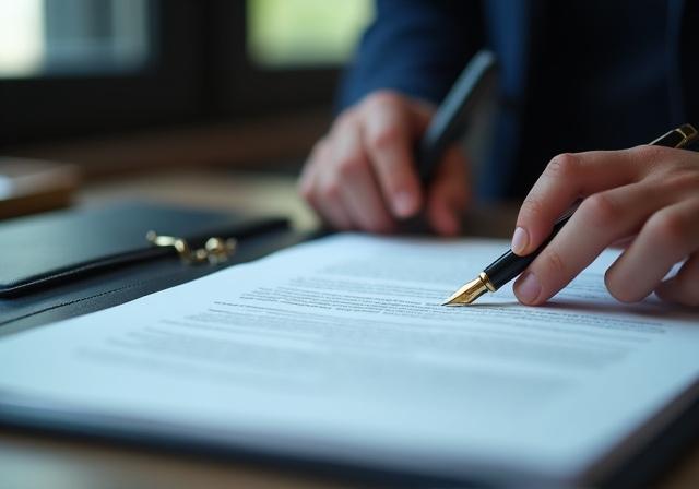 Close-up of a legal professional reviewing a detailed contract in a London office